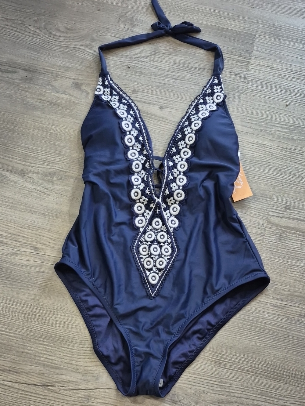 Kona Sol Navy One-Piece Halter Swimsuit w/ White Embroidery Accent. Size L. NWT